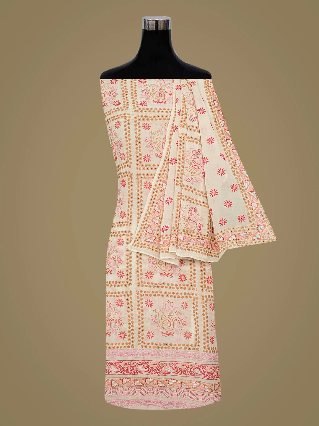 Ada Hand Embroidered White Pure Georgette Lucknowi Chikankari Unstitched Kurta Dupatta Set 01A364421