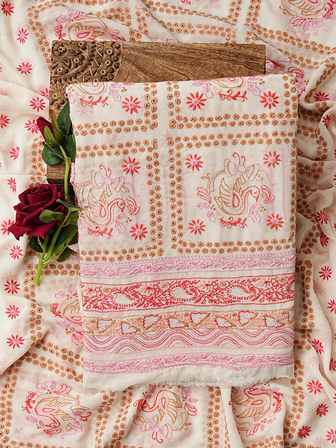 Ada Hand Embroidered White Pure Georgette Lucknowi Chikankari Unstitched Kurta Dupatta Set 01A364421