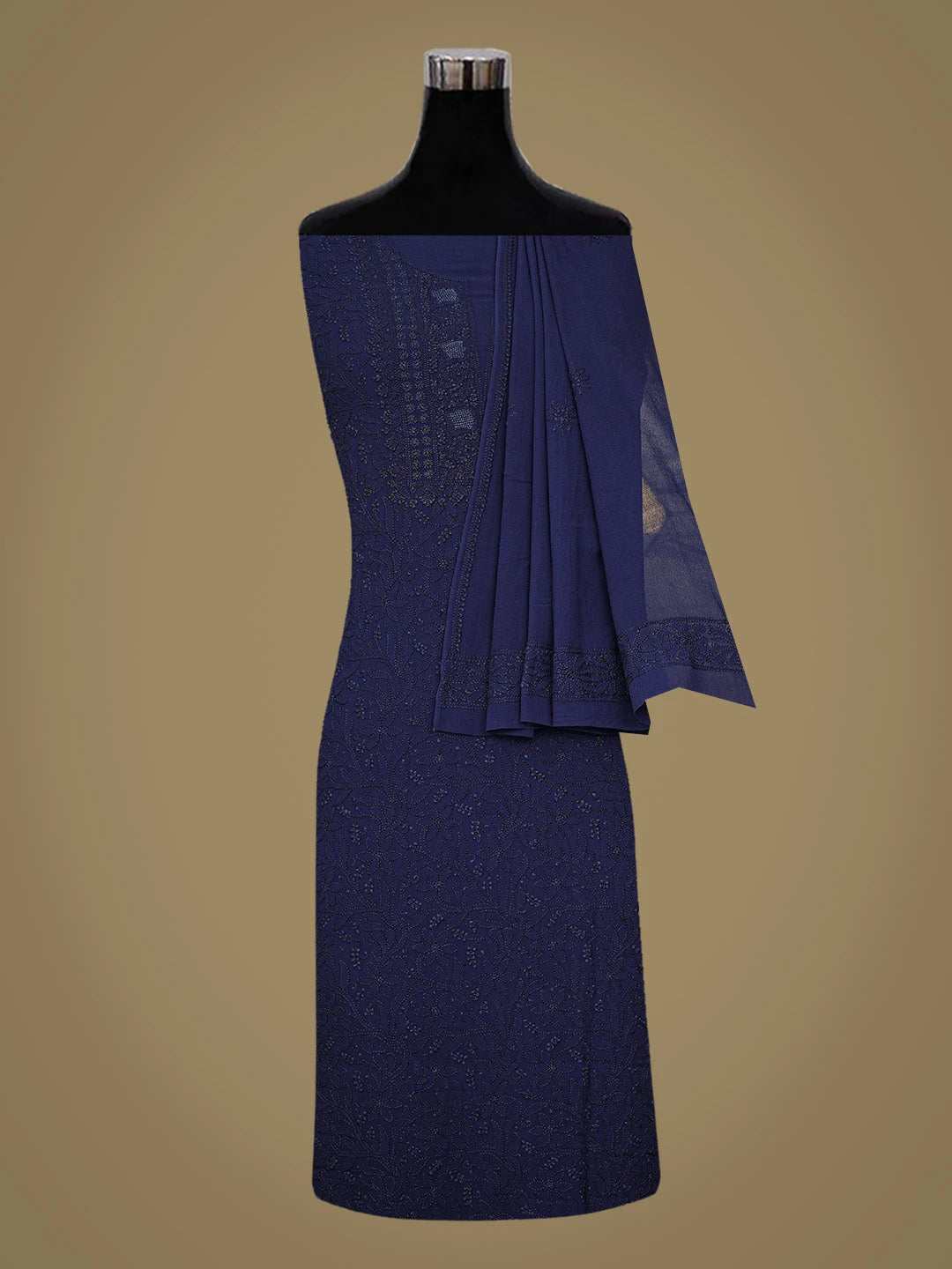 Ada Hand Embroidered Royal Blue Pure Georgette Lucknowi Chikankari Unstitched Kurta Dupatta Set 01A149878