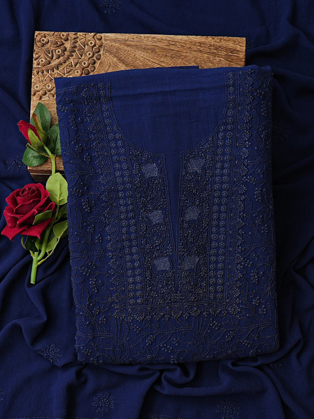 Ada Hand Embroidered Royal Blue Pure Georgette Lucknowi Chikankari Unstitched Kurta Dupatta Set 01A149878