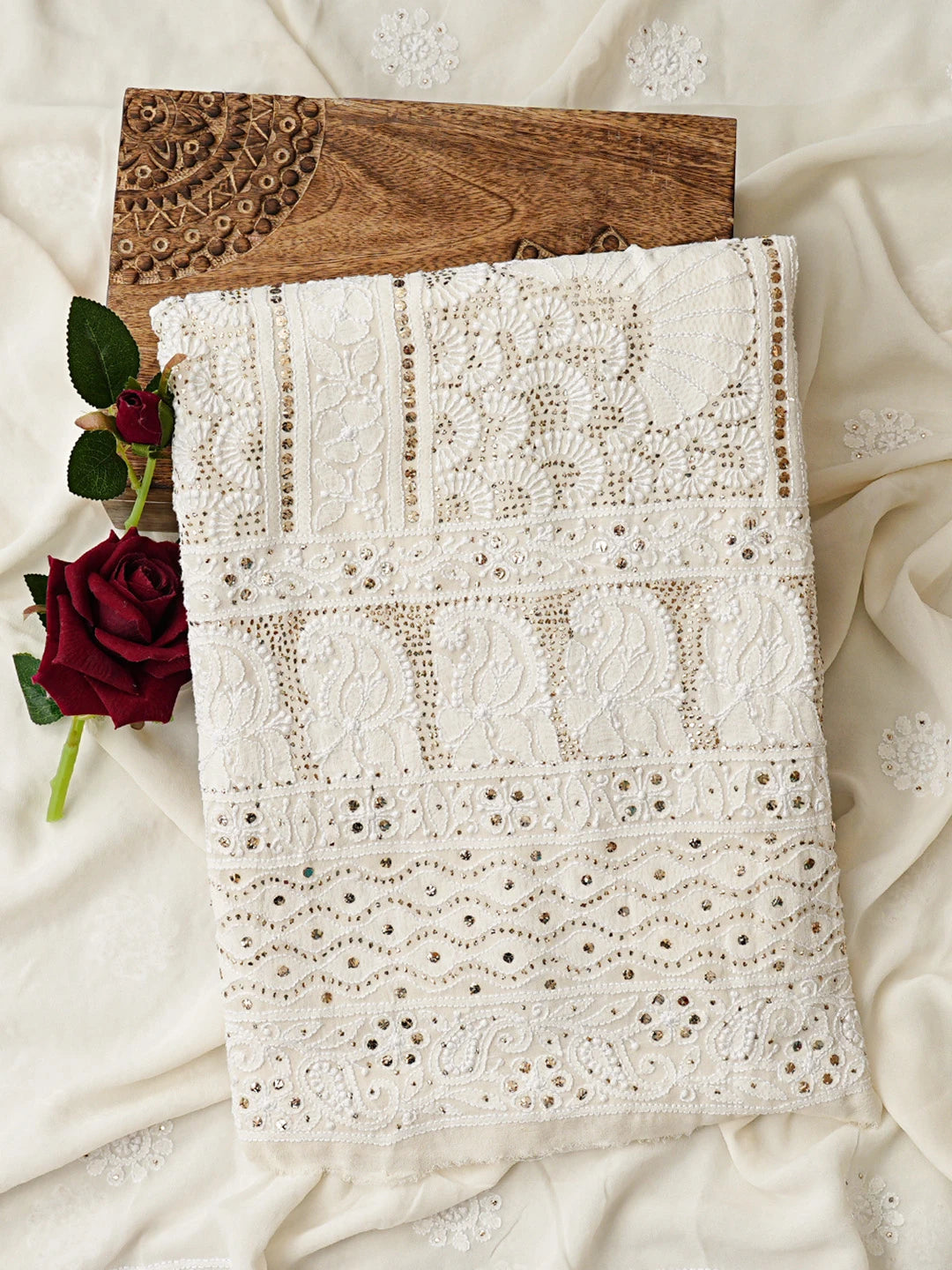 Ada Hand Embroidered White Pure Georgette Lucknowi Chikankari Unstitched Kurta Dupatta Set With Mukaish Work 01A846079