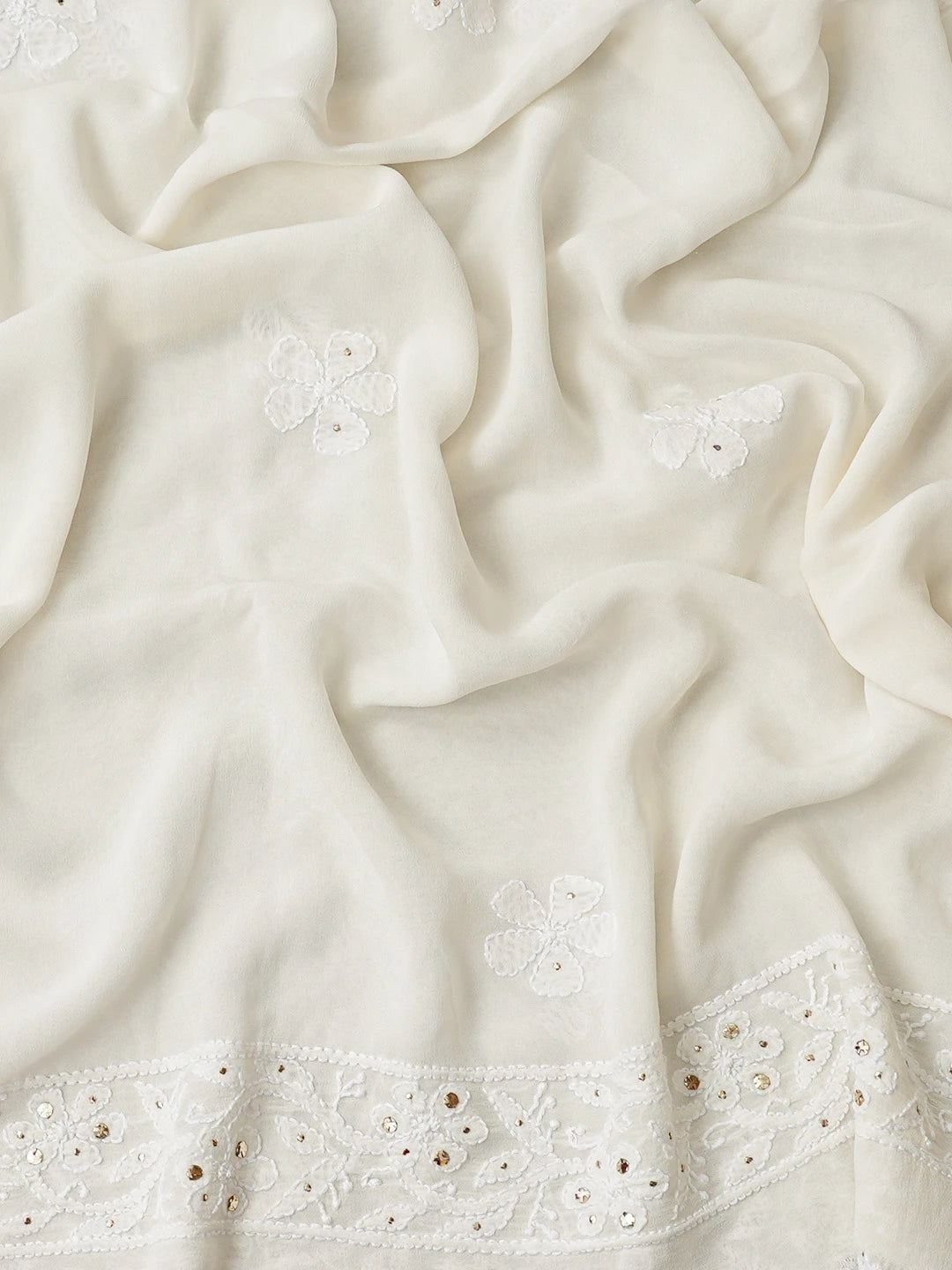 Ada Hand Embroidered White Pure Georgette Lucknowi Chikankari Unstitched Kurta Dupatta Set With Mukaish Work 01A808605