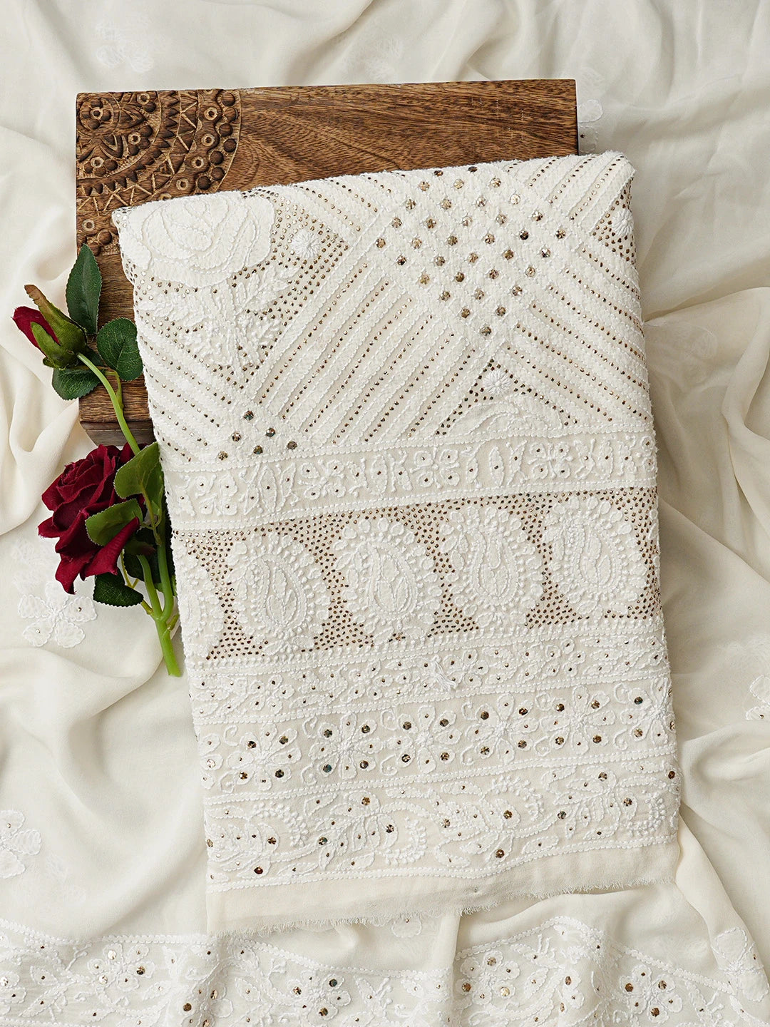 Ada Hand Embroidered White Pure Georgette Lucknowi Chikankari Unstitched Kurta Dupatta Set With Mukaish Work 01A808605