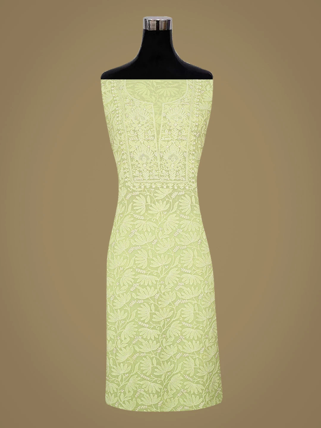 Ada Hand Embroidered Lime Green Pure Georgette Lucknowi Chikankari Unstitched Kurta Dupatta Set With Pearl Work 01A662218