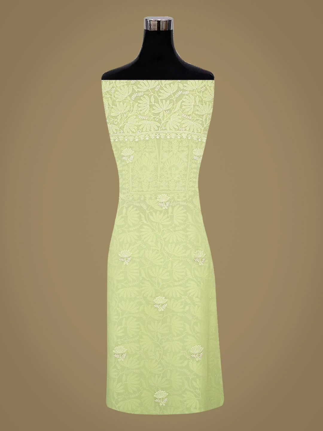 Ada Hand Embroidered Lime Green Pure Georgette Lucknowi Chikankari Unstitched Kurta Dupatta Set With Pearl Work 01A662218