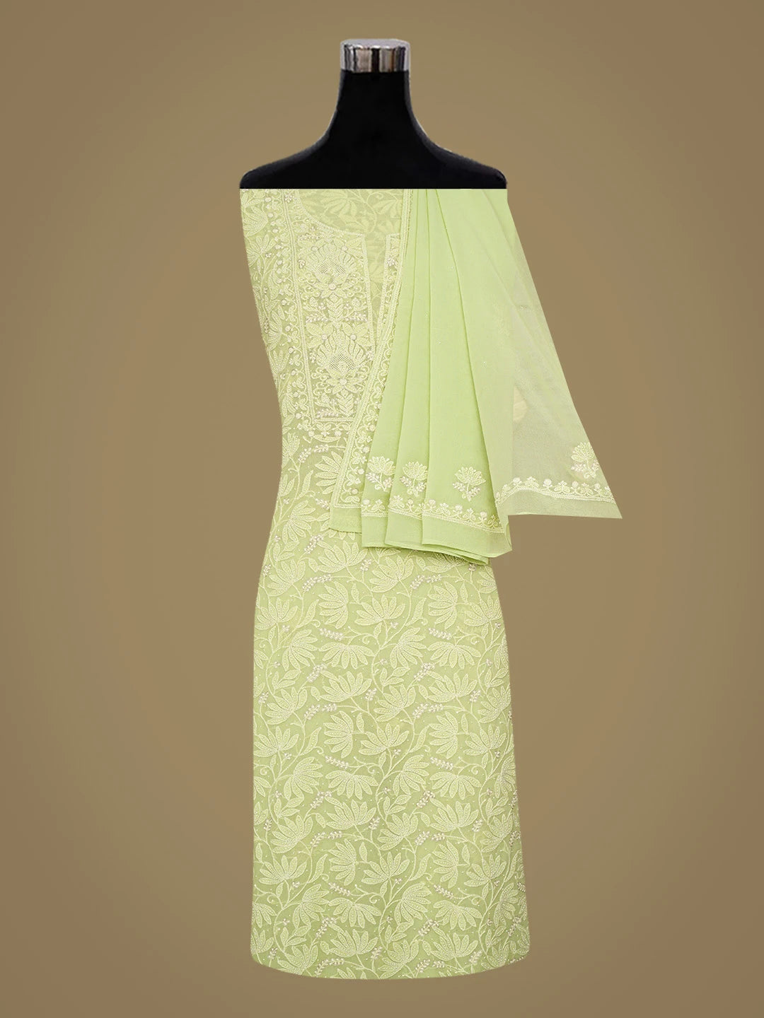 Ada Hand Embroidered Lime Green Pure Georgette Lucknowi Chikankari Unstitched Kurta Dupatta Set With Pearl Work 01A662218