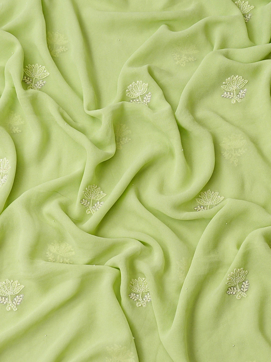 Ada Hand Embroidered Lime Green Pure Georgette Lucknowi Chikankari Unstitched Kurta Dupatta Set With Pearl Work 01A662218