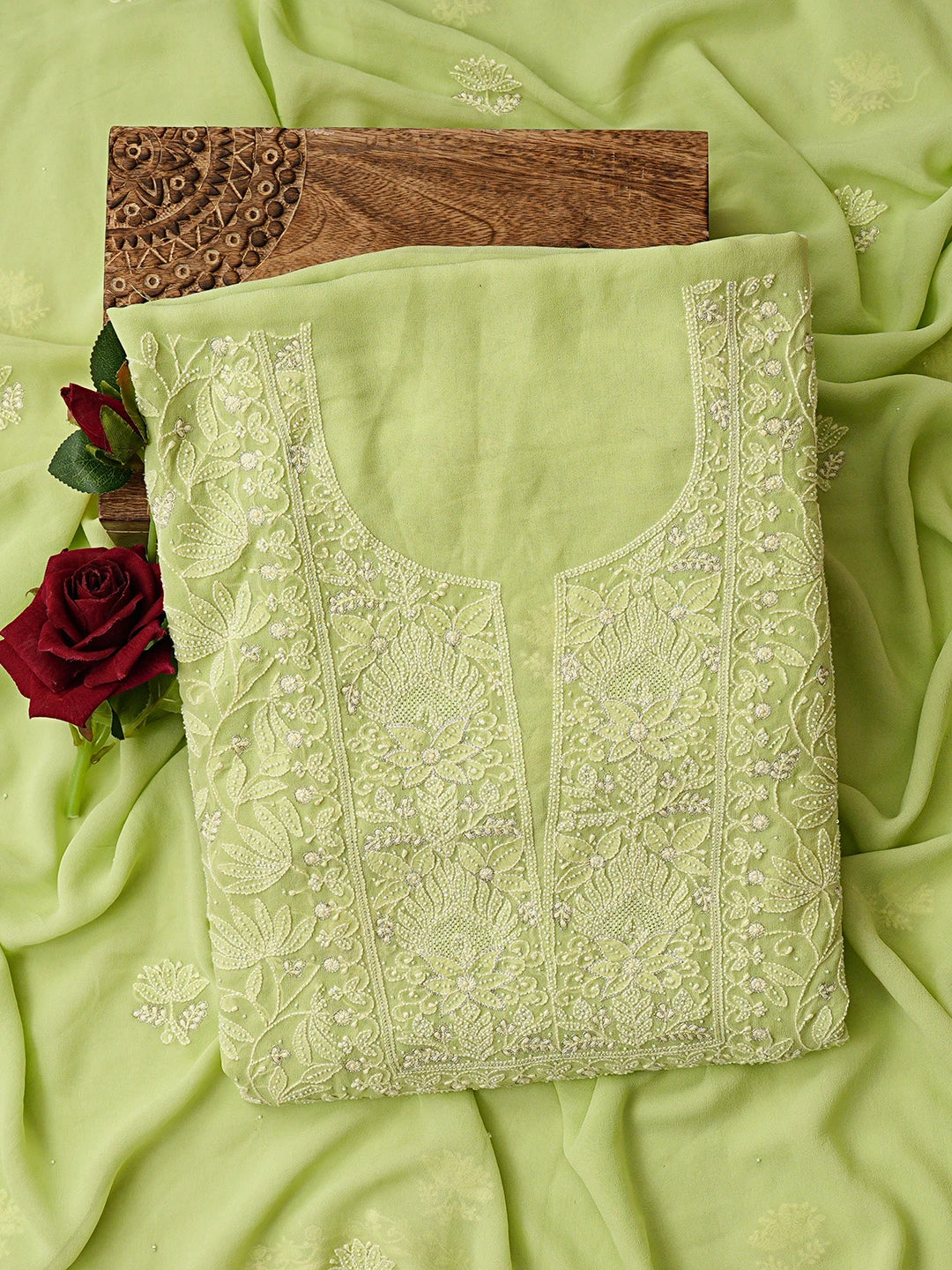 Ada Hand Embroidered Lime Green Pure Georgette Lucknowi Chikankari Unstitched Kurta Dupatta Set With Pearl Work 01A662218