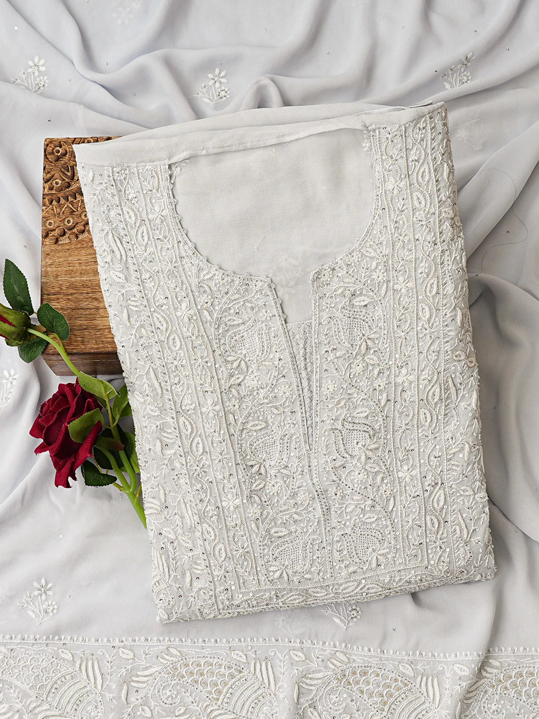 Ada Hand Embroidered Light Grey Pure Georgette Lucknowi Chikankari Unstitched Kurta Dupatta Set With Cutdana Work 01A651222