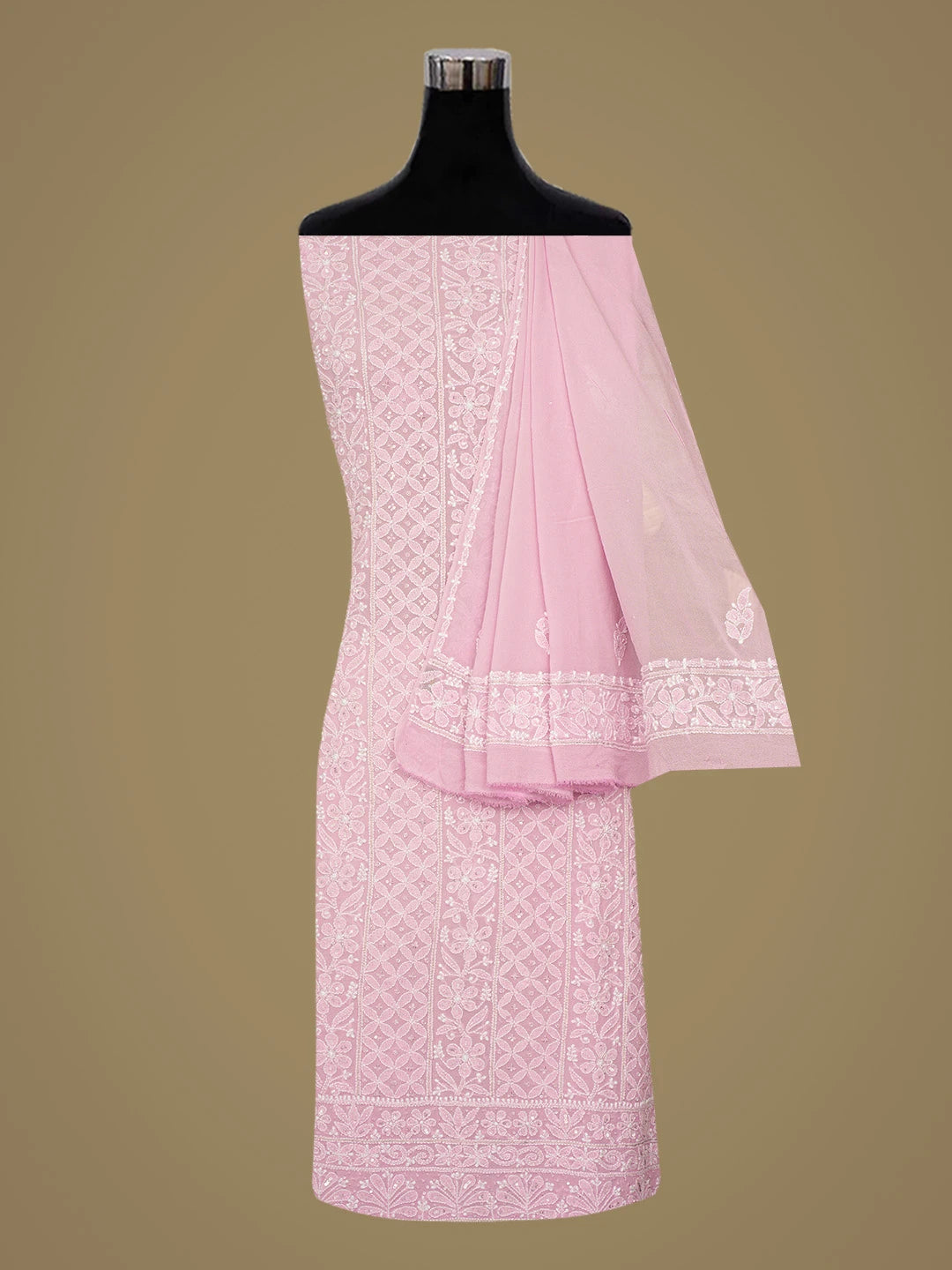 Ada Hand Embroidered Pink Pure Georgette Lucknowi Chikankari Unstitched Kurta Dupatta Set With Cutdana Work 01A604530