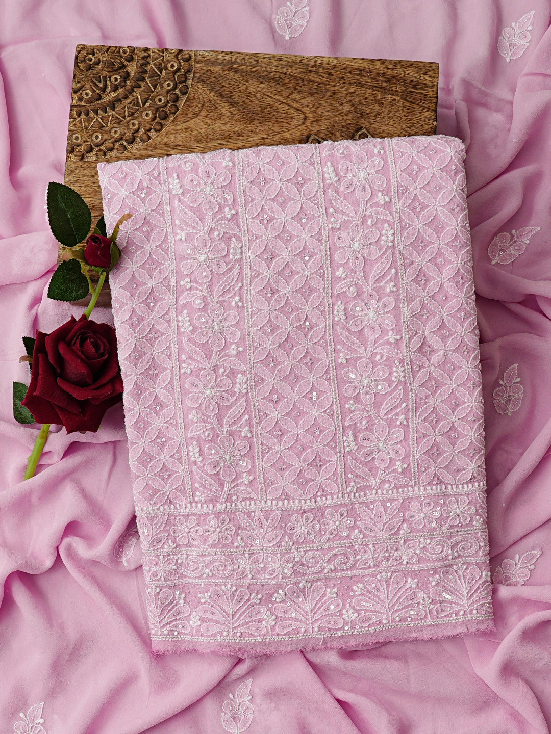 Ada Hand Embroidered Pink Pure Georgette Lucknowi Chikankari Unstitched Kurta Dupatta Set With Cutdana Work 01A604530