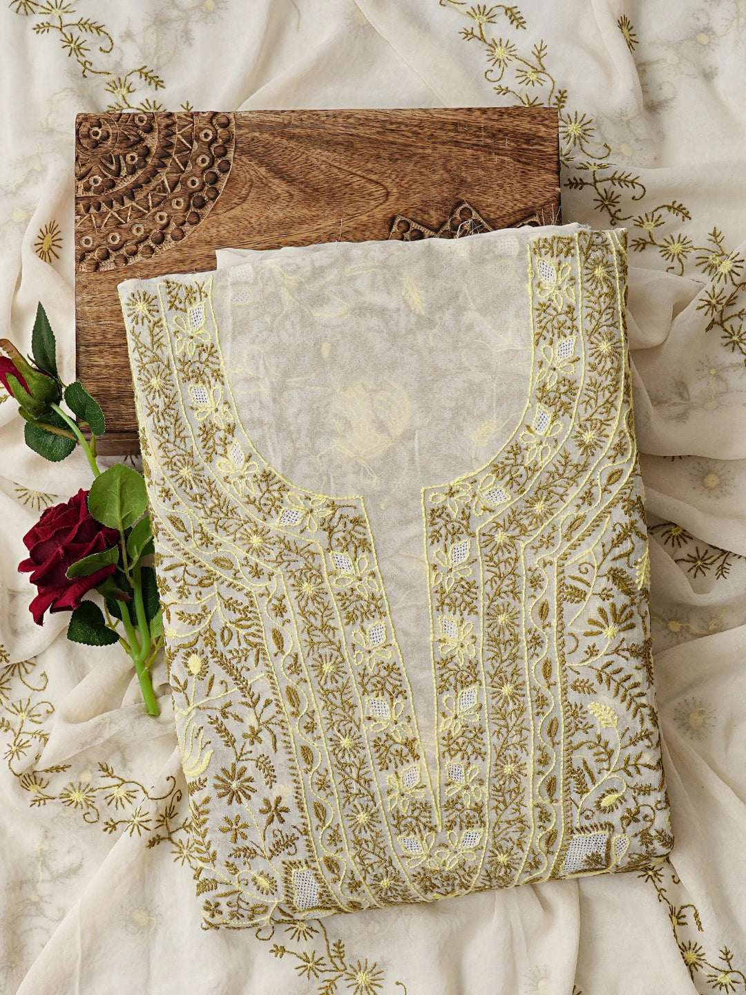 Ada Hand Embroidered White Pure Georgette Lucknowi Chikankari Unstitched Kurta Dupatta Set 01A281390