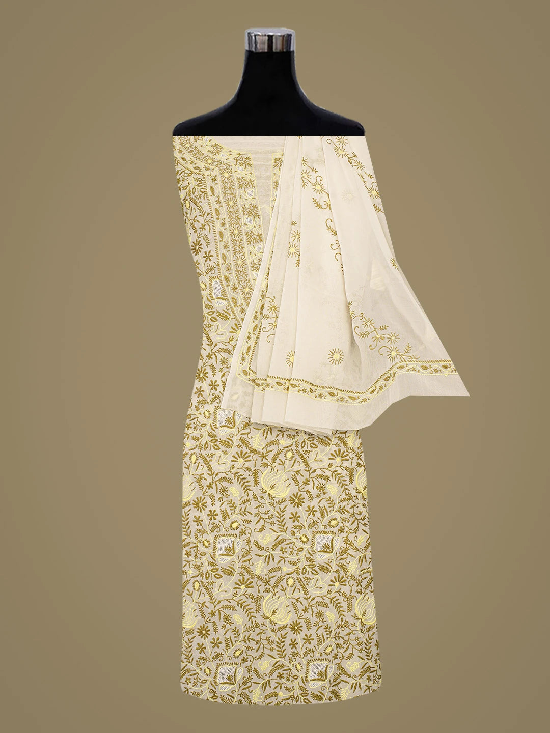 Ada Hand Embroidered White Pure Georgette Lucknowi Chikankari Unstitched Kurta Dupatta Set 01A281390