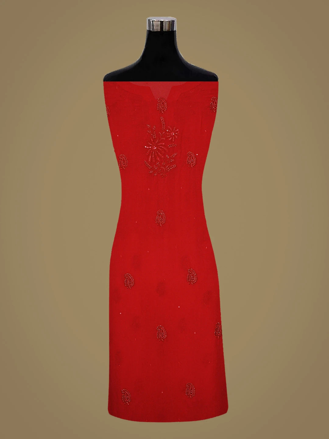 Ada Hand Embroidered Red Pure Georgette Lucknowi Chikankari Unstitched Kurta Dupatta Set With Cutdana Work 01A736441