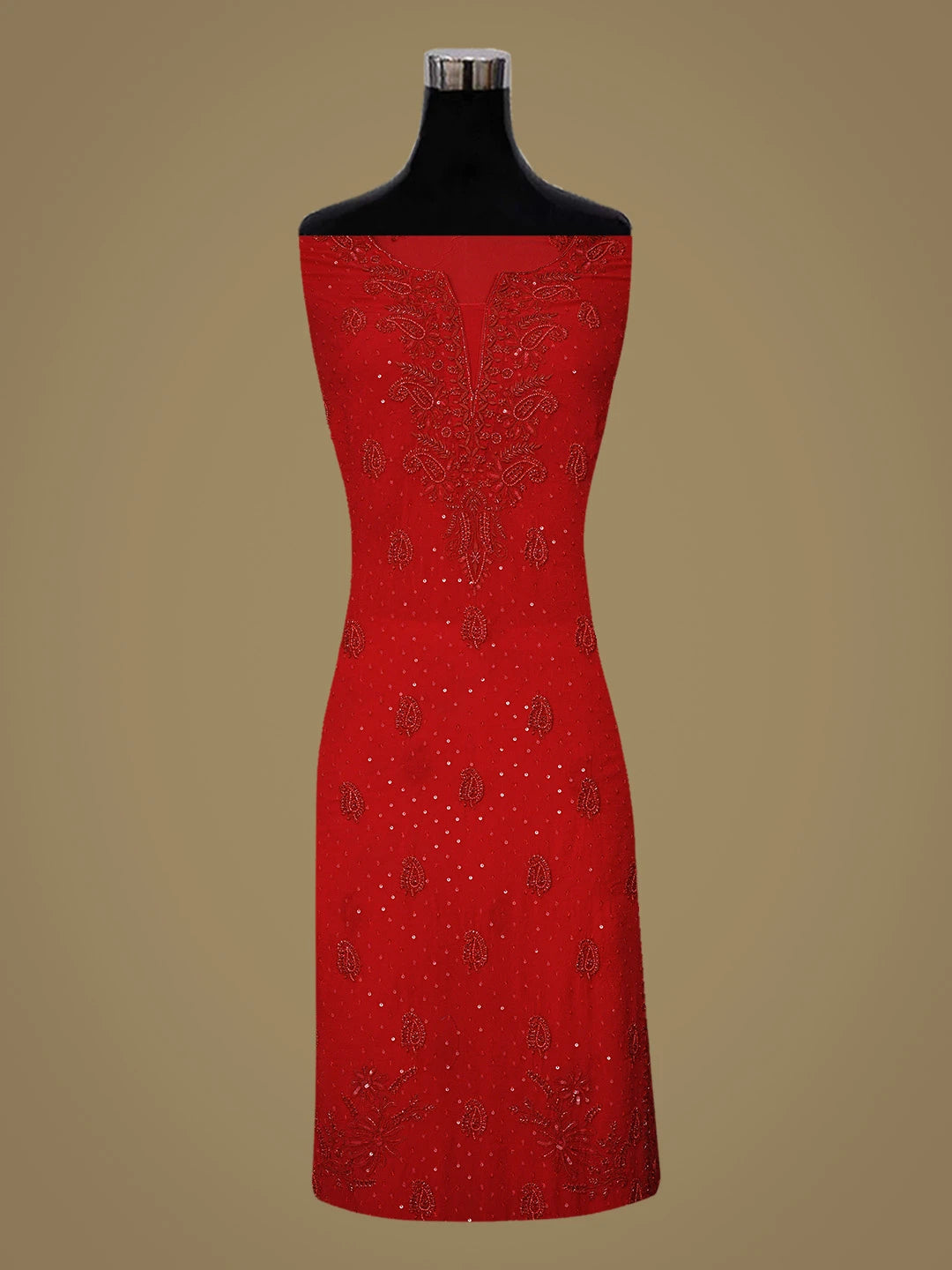 Ada Hand Embroidered Red Pure Georgette Lucknowi Chikankari Unstitched Kurta Dupatta Set With Cutdana Work 01A736441