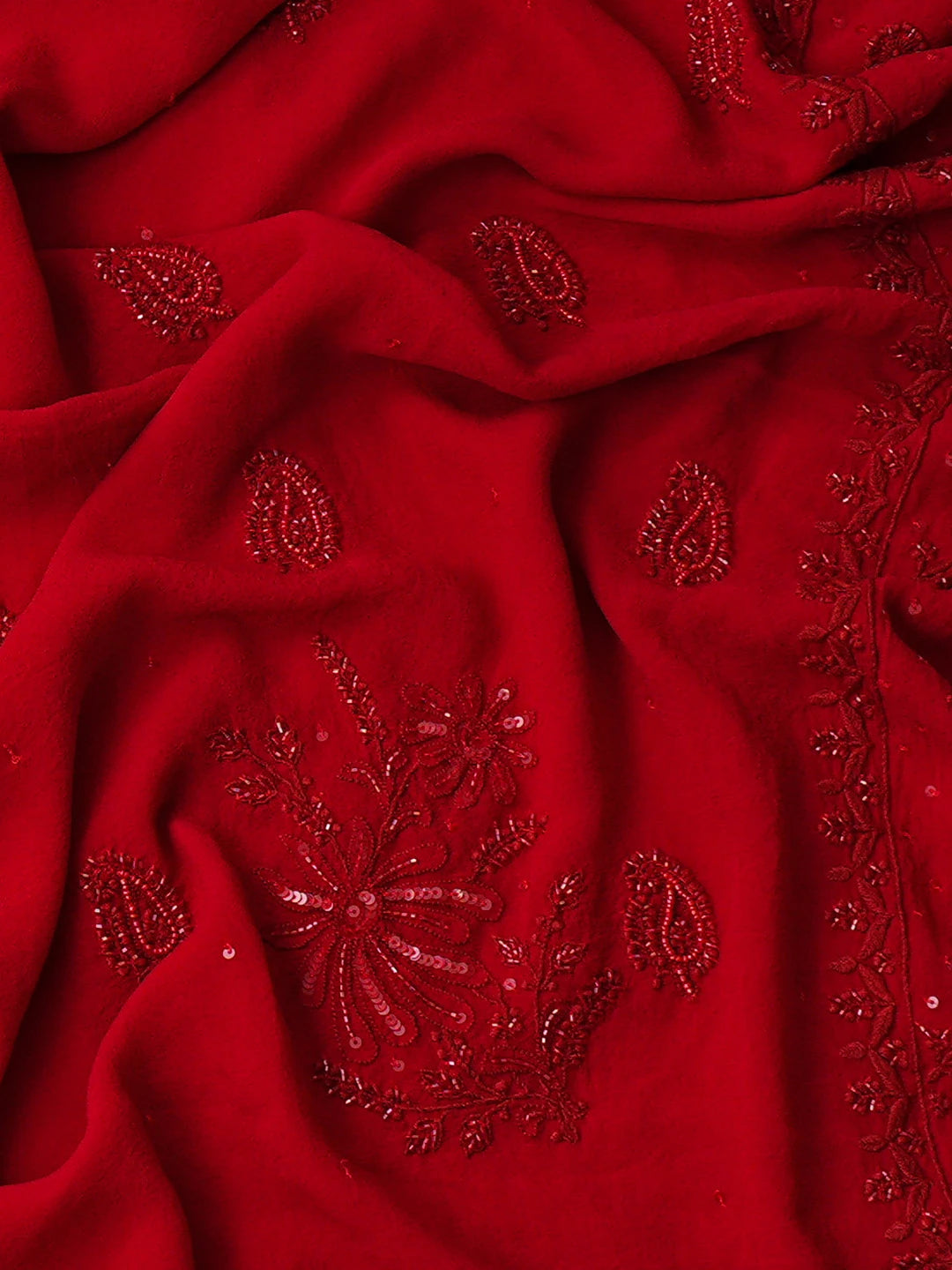 Ada Hand Embroidered Red Pure Georgette Lucknowi Chikankari Unstitched Kurta Dupatta Set With Cutdana Work 01A736441