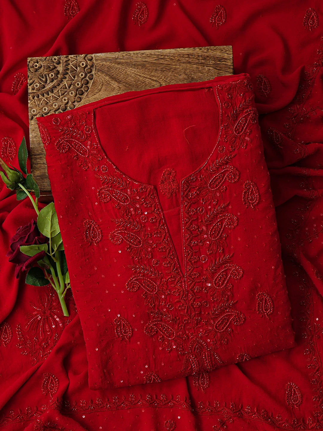 Ada Hand Embroidered Red Pure Georgette Lucknowi Chikankari Unstitched Kurta Dupatta Set With Cutdana Work 01A736441