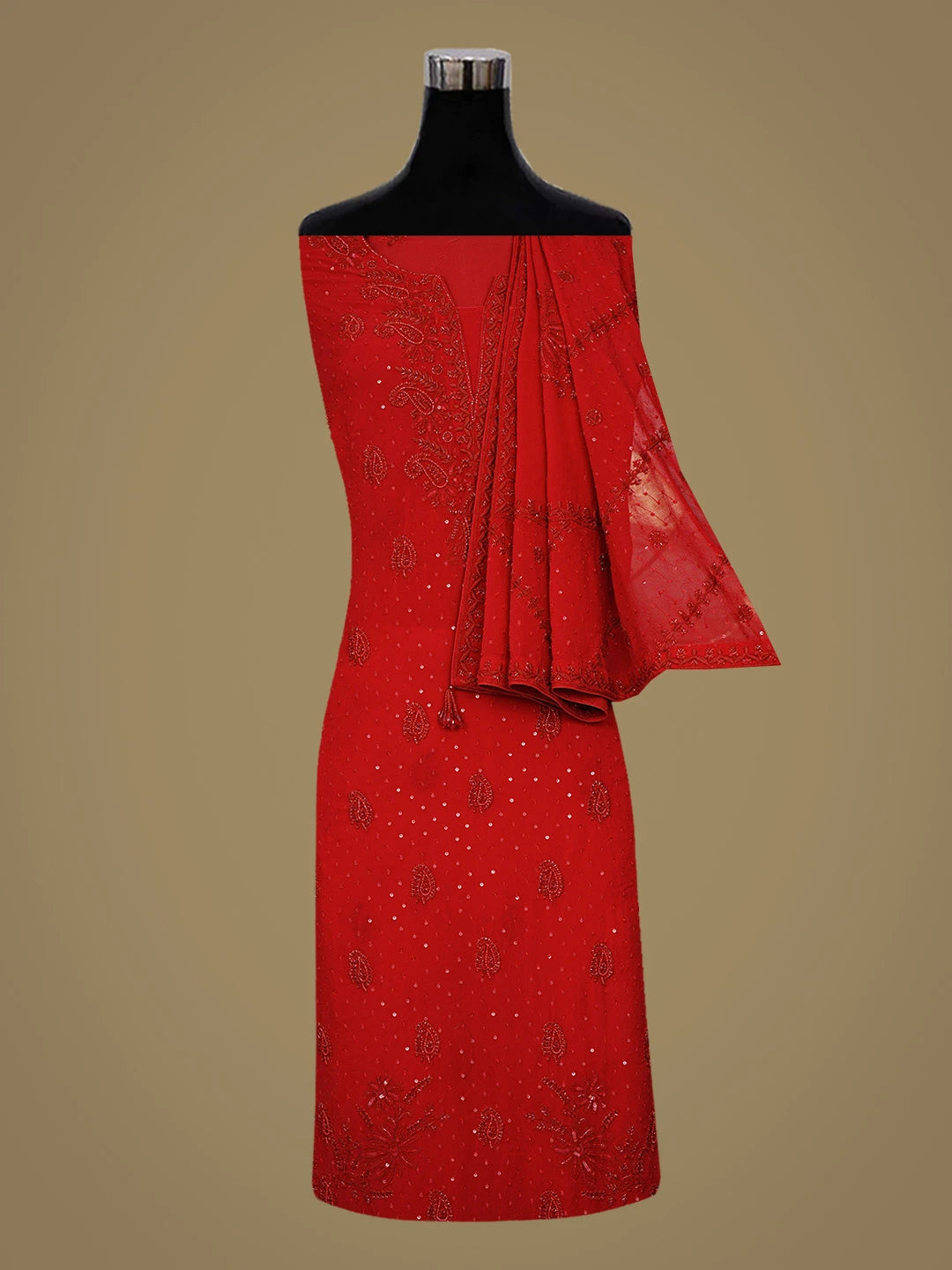 Ada Hand Embroidered Red Pure Georgette Lucknowi Chikankari Unstitched Kurta Dupatta Set With Cutdana Work 01A736441