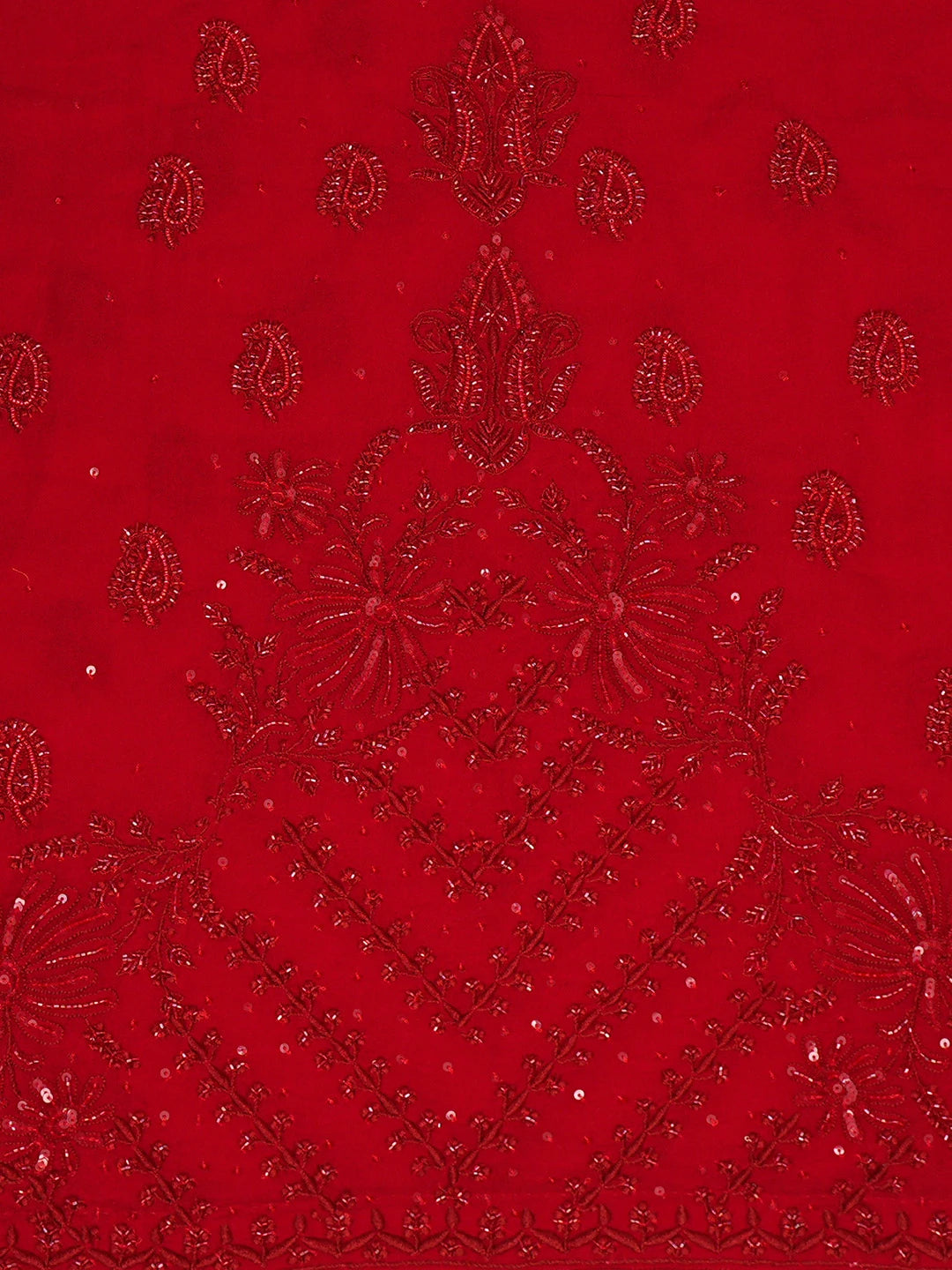 Ada Hand Embroidered Red Pure Georgette Lucknowi Chikankari Unstitched Kurta Dupatta Set With Cutdana Work 01A736441
