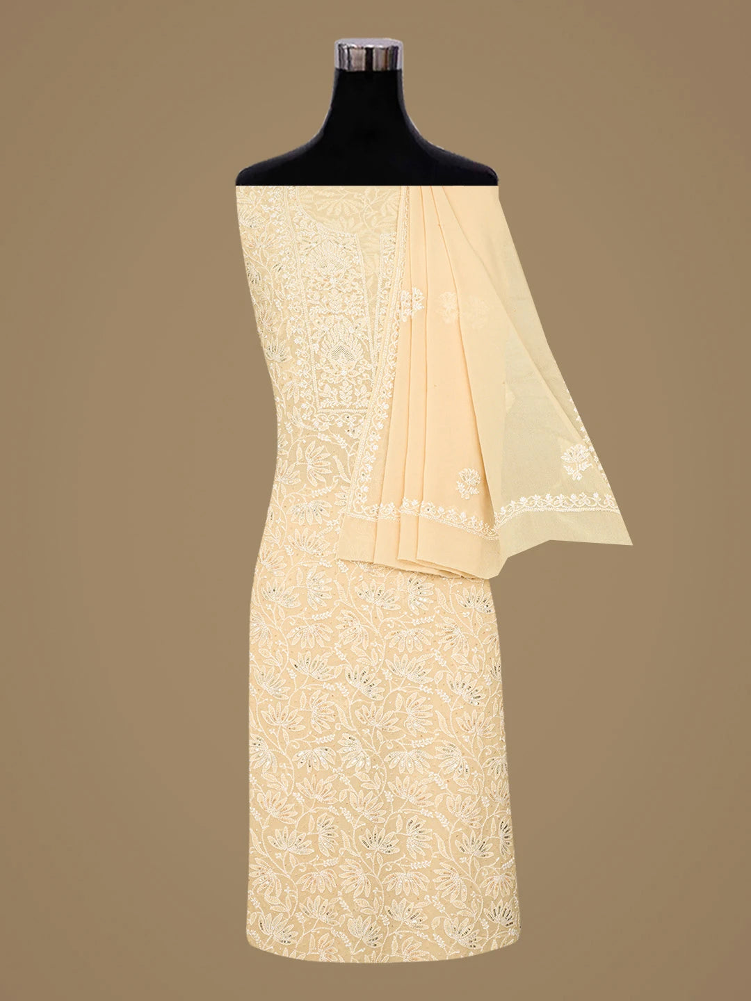 Ada Hand Embroidered Fawn Pure Georgette Lucknowi Chikankari Unstitched Kurta Dupatta Set With Cutdana Work 01A687482