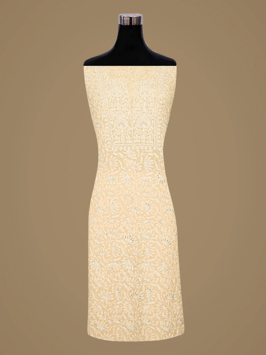 Ada Hand Embroidered Fawn Pure Georgette Lucknowi Chikankari Unstitched Kurta Dupatta Set With Cutdana Work 01A687482