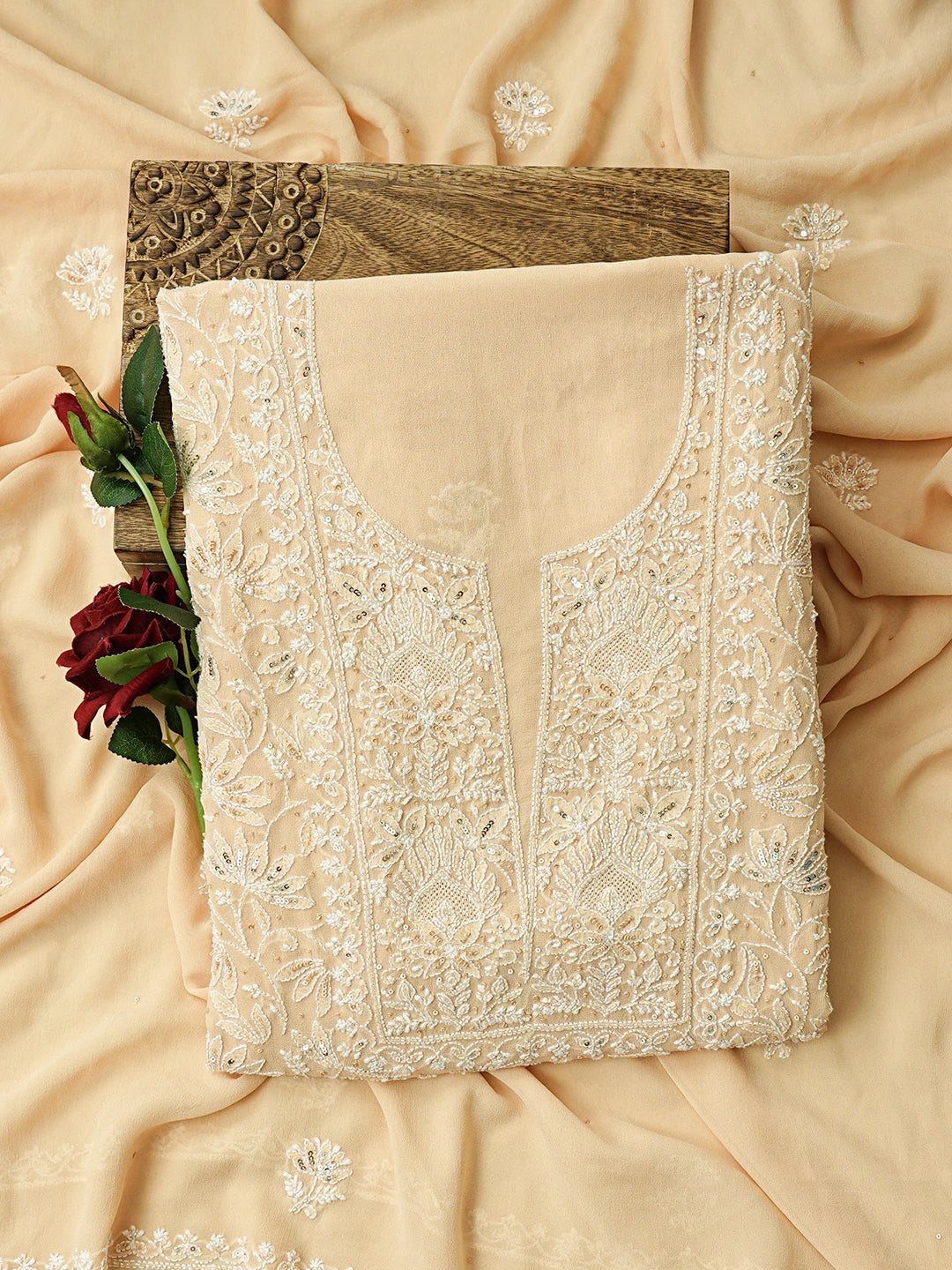 Ada Hand Embroidered Fawn Pure Georgette Lucknowi Chikankari Unstitched Kurta Dupatta Set With Cutdana Work 01A687482
