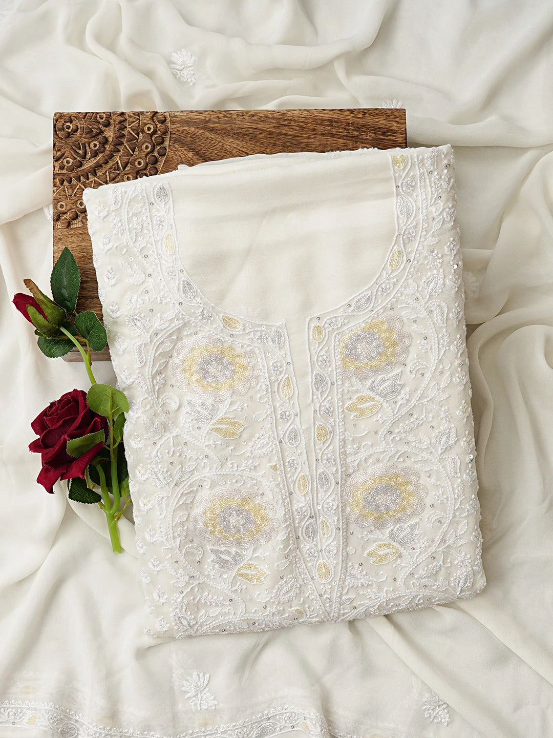 Ada Hand Embroidered White Pure Georgette Lucknowi Chikankari Unstitched Kurta Dupatta Set With Cutdana Work 01A752400