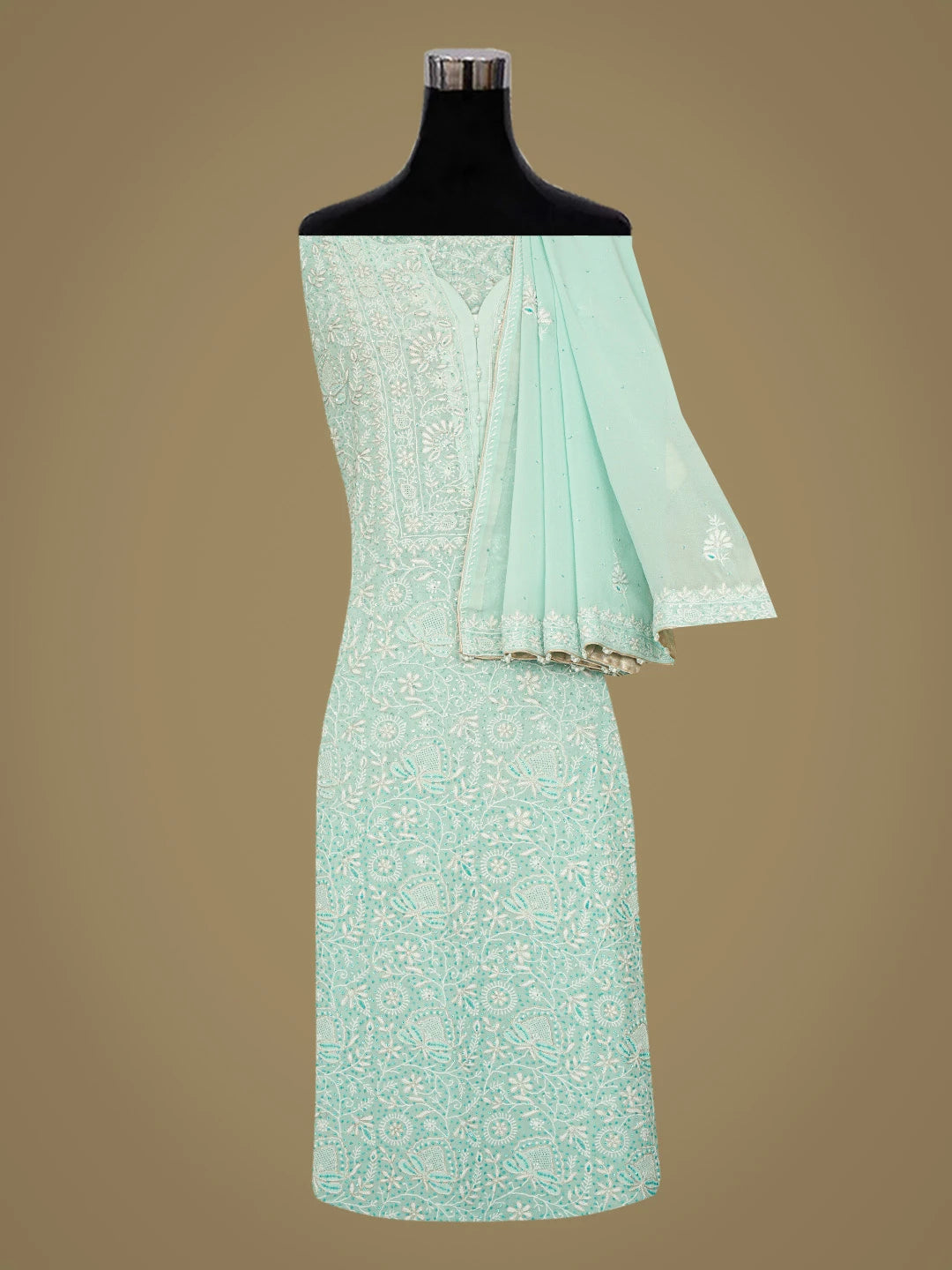 Ada Hand Embroidered Sky Blue Pure Georgette Lucknowi Chikankari Unstitched Kurta Dupatta Set With Sequinned Work 01A592312