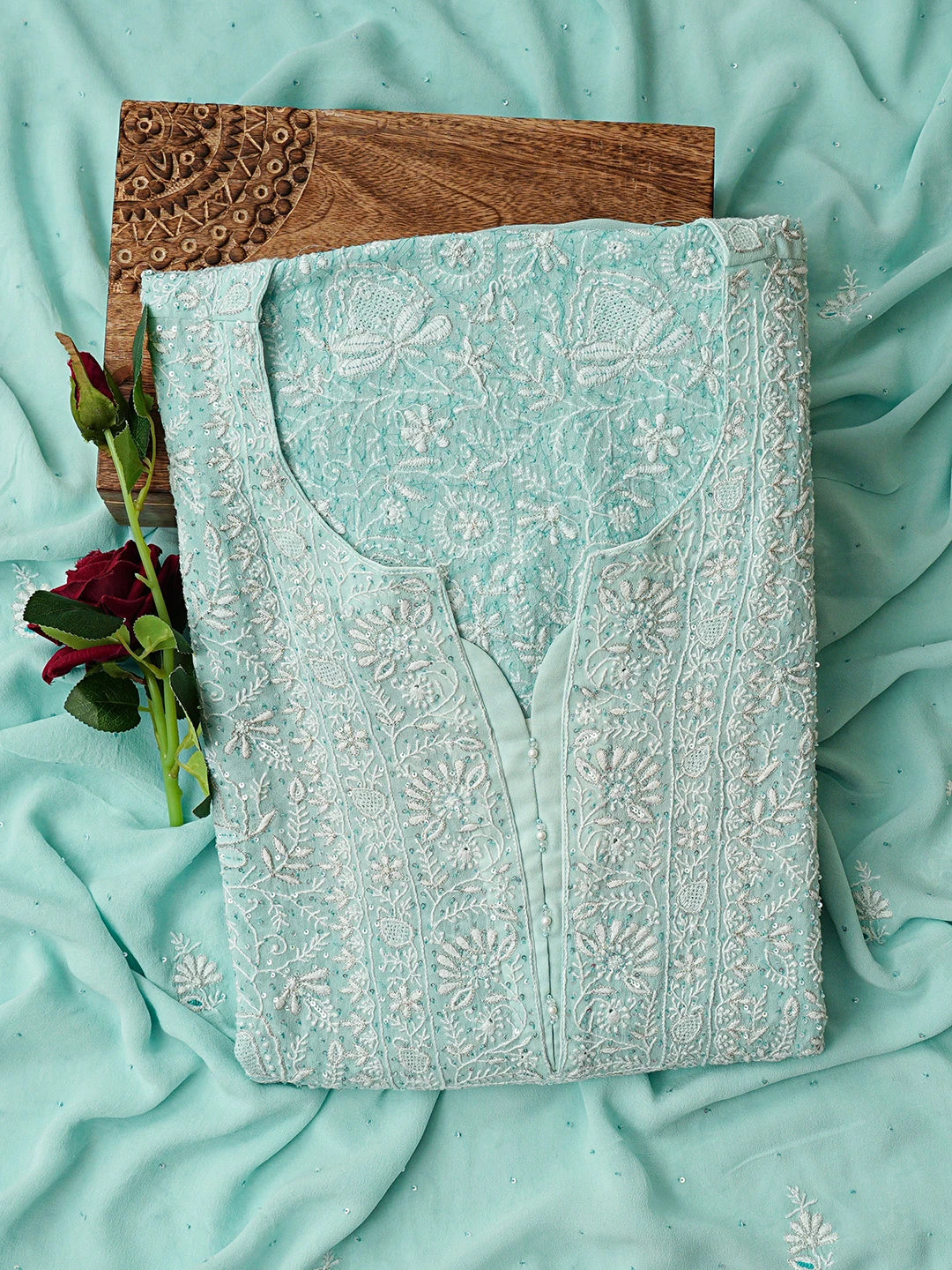 Ada Hand Embroidered Sky Blue Pure Georgette Lucknowi Chikankari Unstitched Kurta Dupatta Set With Sequinned Work 01A592312