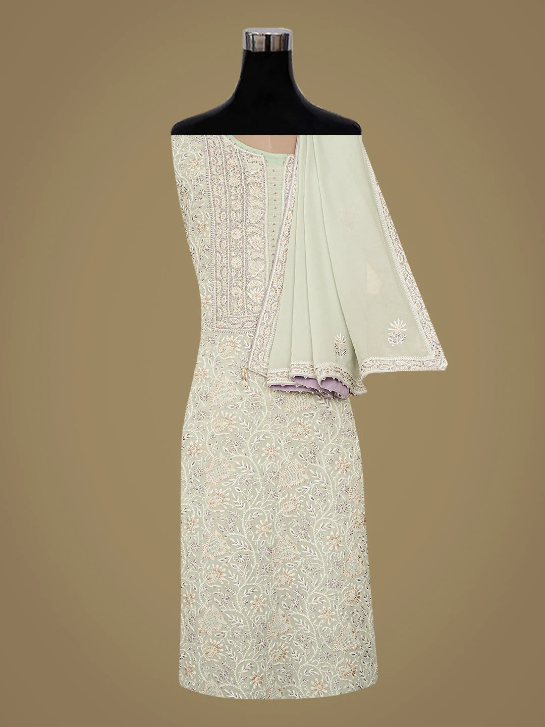 Ada Hand Embroidered Sea Green Pure Georgette Lucknowi Chikankari Unstitched Kurta Dupatta Set With Cutdana Work 01A712906