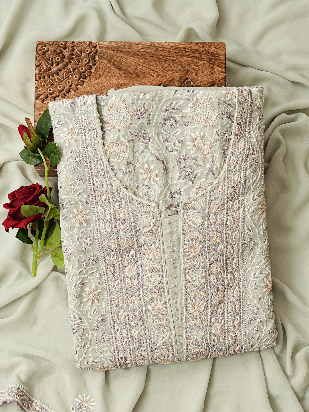 Ada Hand Embroidered Sea Green Pure Georgette Lucknowi Chikankari Unstitched Kurta Dupatta Set With Cutdana Work 01A712906