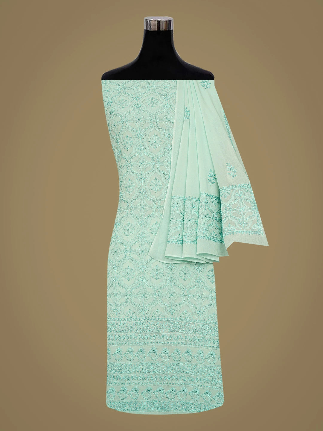 Ada Hand Embroidered Sea Green Pure Georgette Lucknowi Chikankari Unstitched Kurta Dupatta Set 01A359286