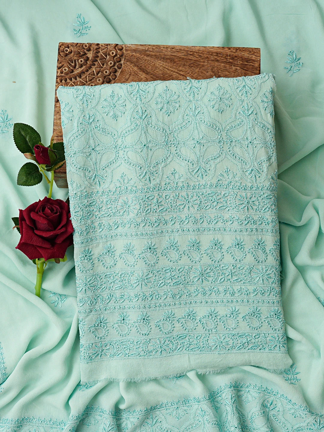 Ada Hand Embroidered Sea Green Pure Georgette Lucknowi Chikankari Unstitched Kurta Dupatta Set 01A359286