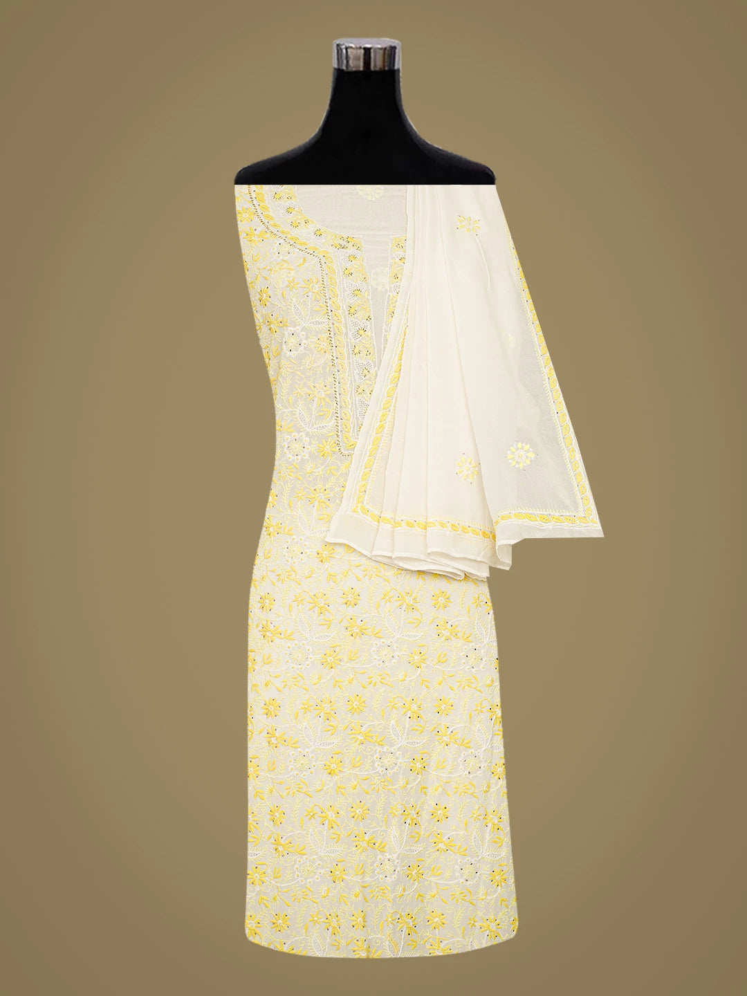 Ada Hand Embroidered White Pure Georgette Lucknowi Chikankari Unstitched Kurta Dupatta Set With Muqaish Work A105892