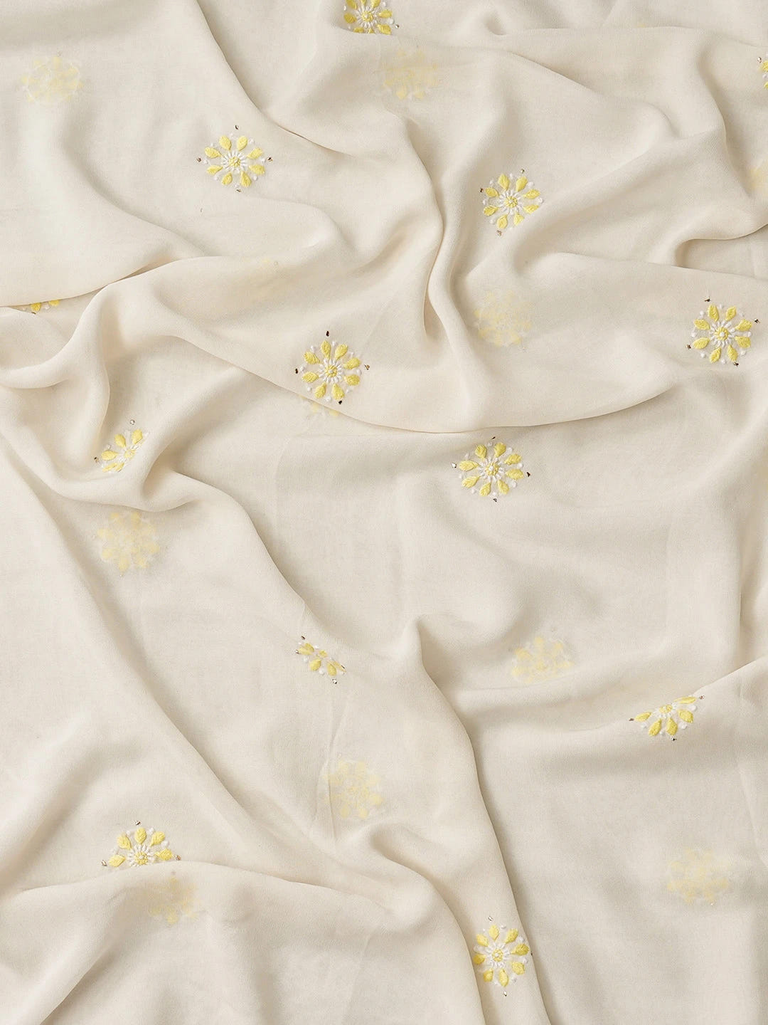 Ada Hand Embroidered White Pure Georgette Lucknowi Chikankari Unstitched Kurta Dupatta Set With Muqaish Work A105892
