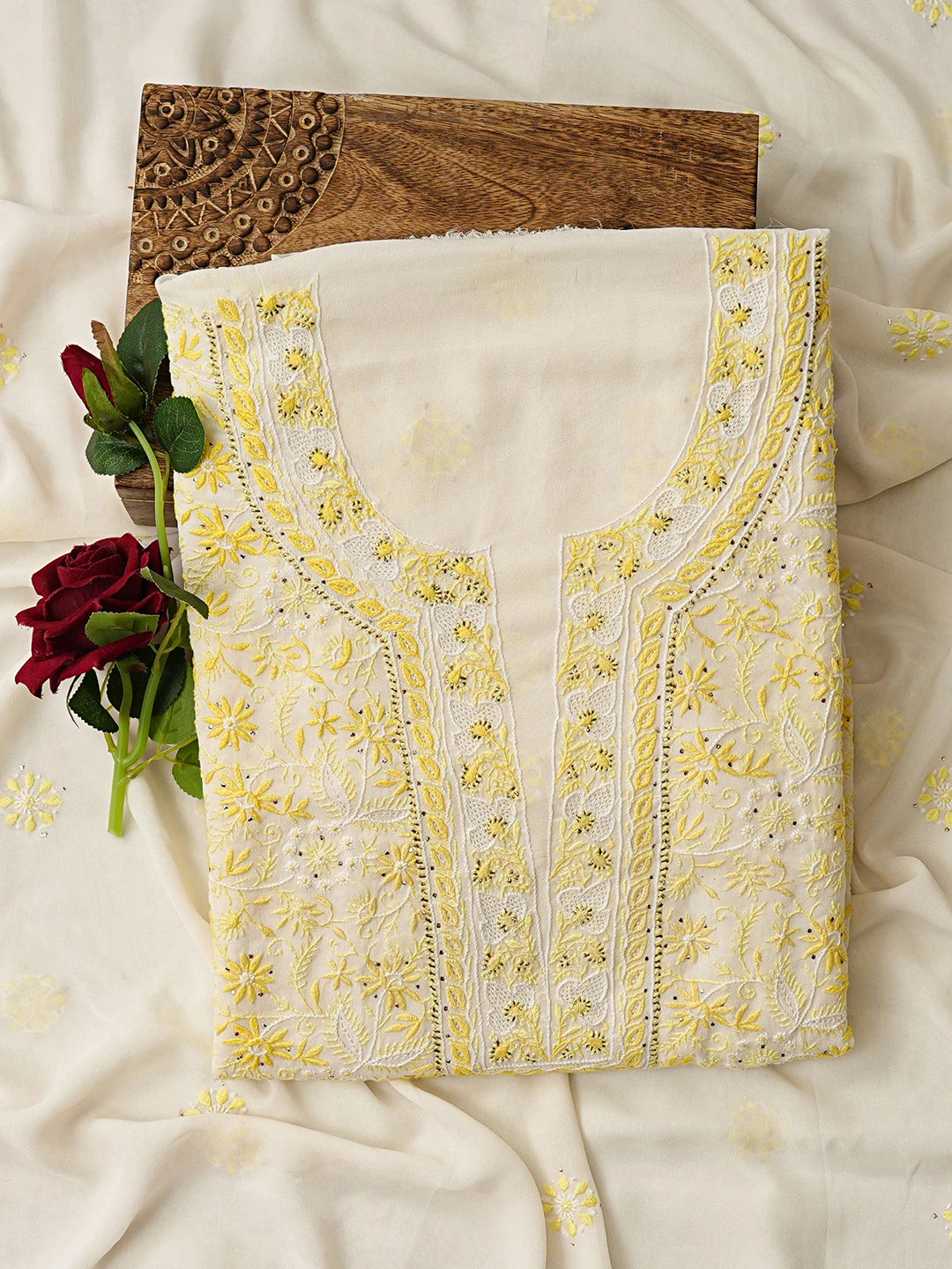 Ada Hand Embroidered White Pure Georgette Lucknowi Chikankari Unstitched Kurta Dupatta Set With Muqaish Work A105892