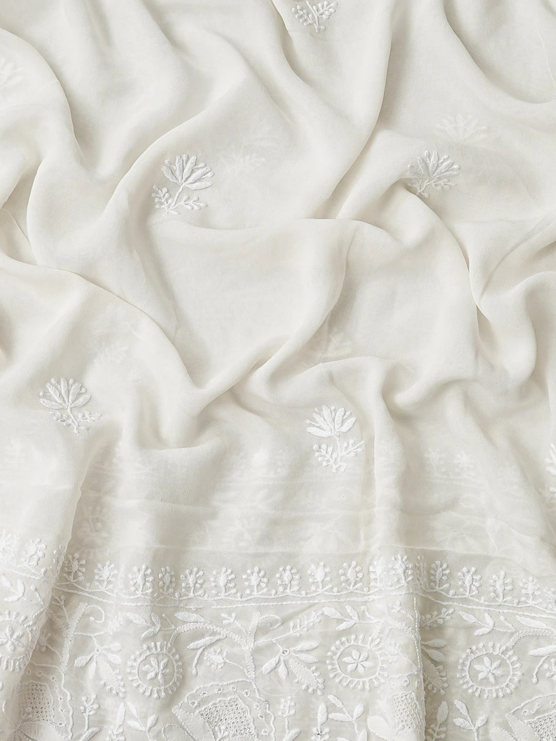 Ada Hand Embroidered White Pure Georgette Lucknowi Chikankari Unstitched Kurta Dupatta Set 08A500875