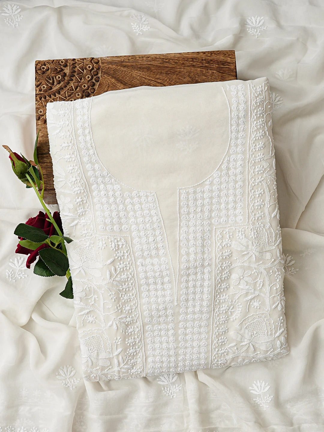 Ada Hand Embroidered White Pure Georgette Lucknowi Chikankari Unstitched Kurta Dupatta Set 08A500875