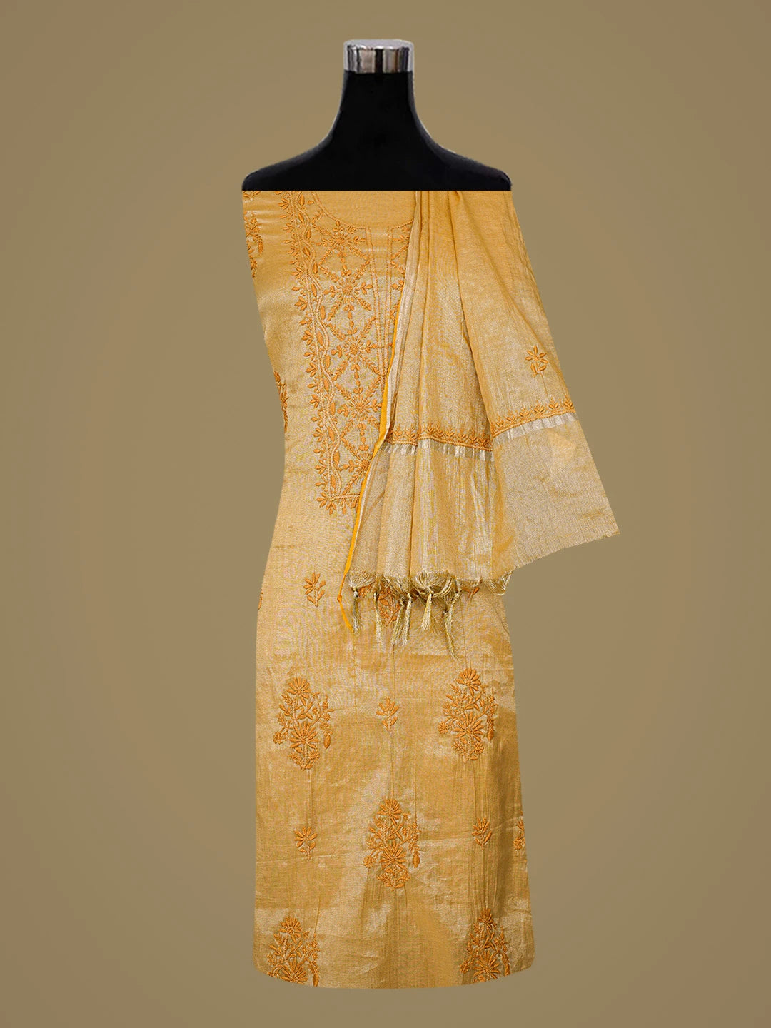 Ada Hand Embroidered Fawn Tissue Lucknowi Chikankari Unstitched Kurta Dupatta Set 01A731159
