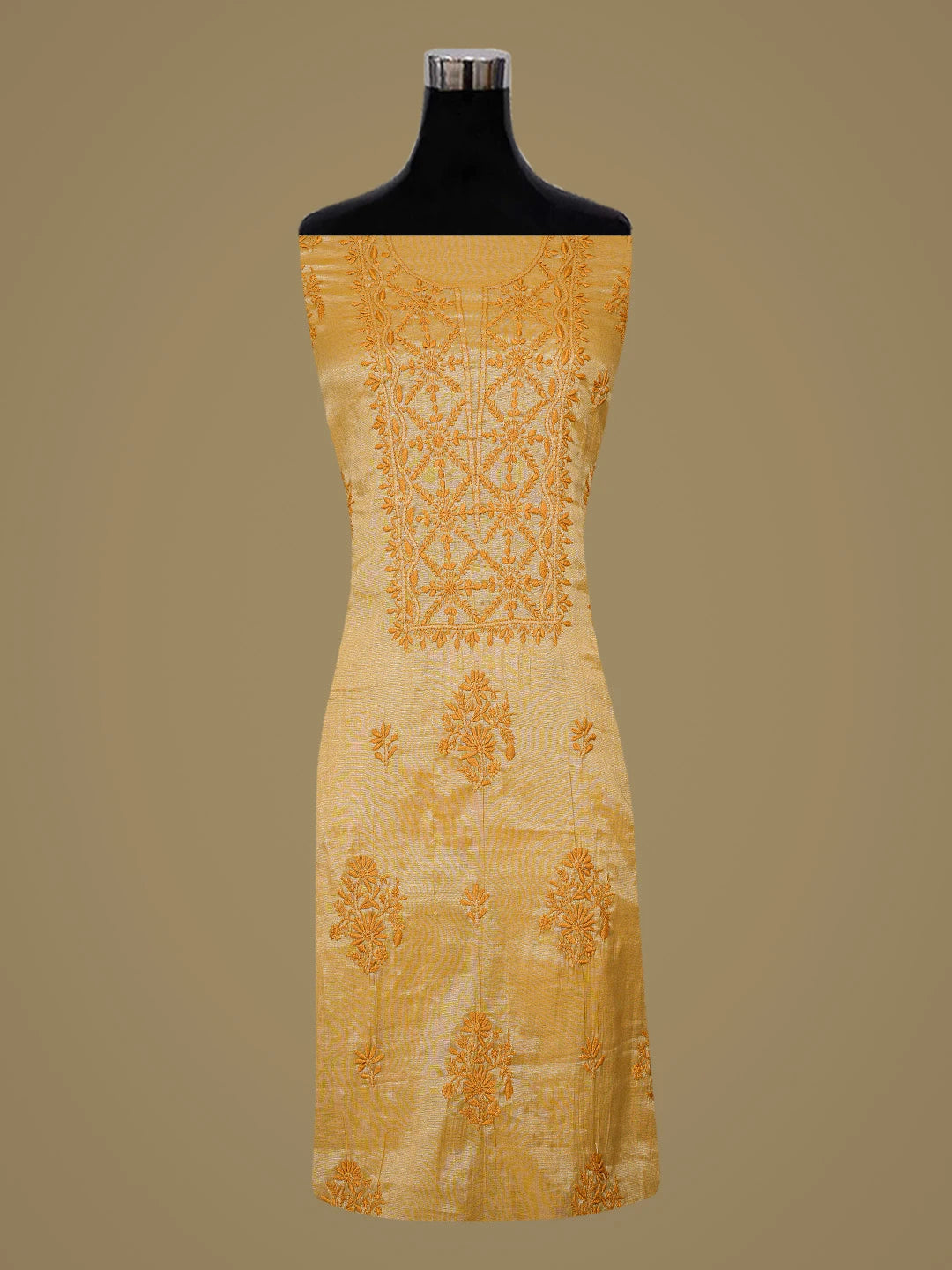 Ada Hand Embroidered Fawn Tissue Lucknowi Chikankari Unstitched Kurta Dupatta Set 01A731159