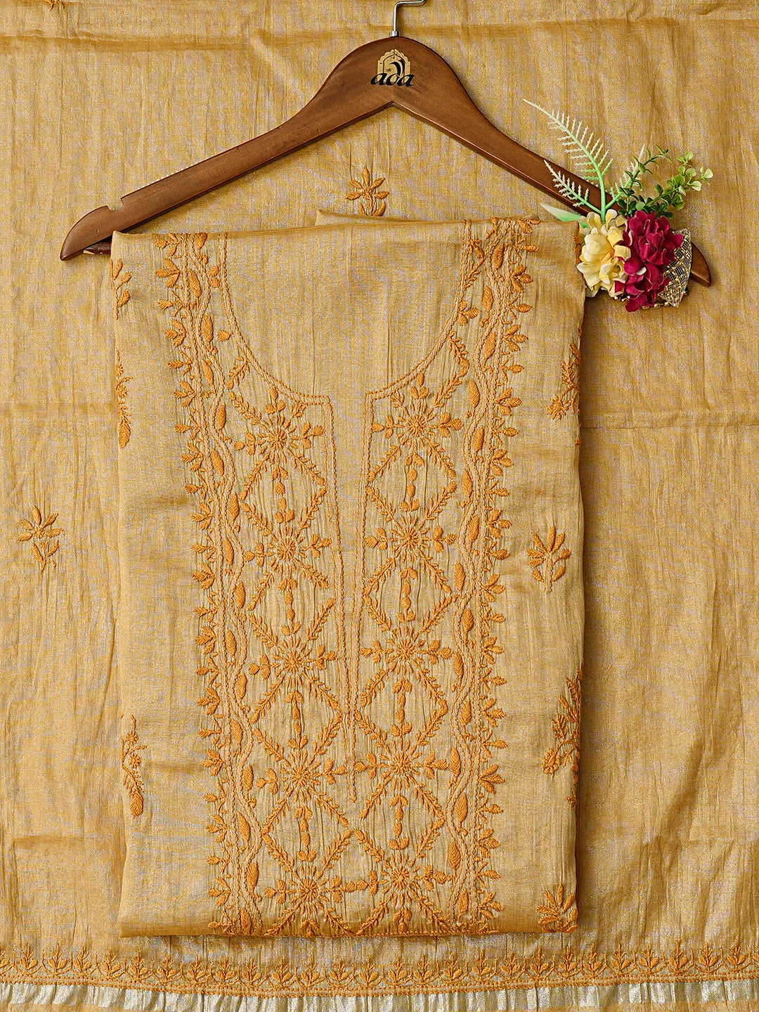 Ada Hand Embroidered Fawn Tissue Lucknowi Chikankari Unstitched Kurta Dupatta Set 01A731159
