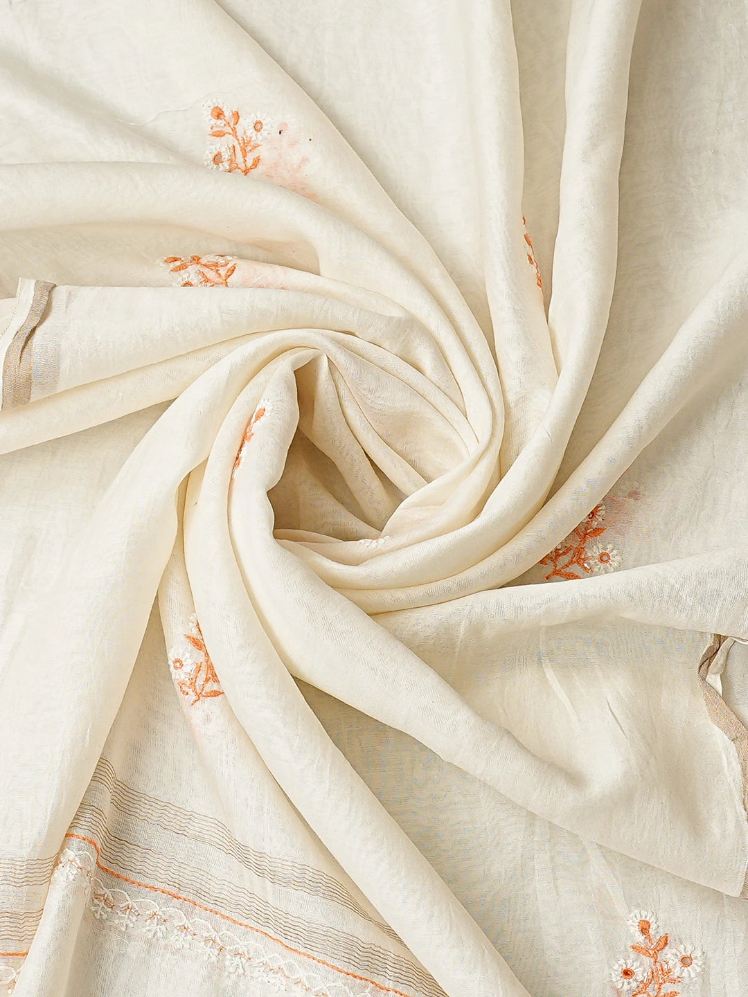 Ada Hand Embroidered White Chanderi Lucknowi Chikankari Unstitched Kurta Dupatta Set With Cutdana Work 01A326070