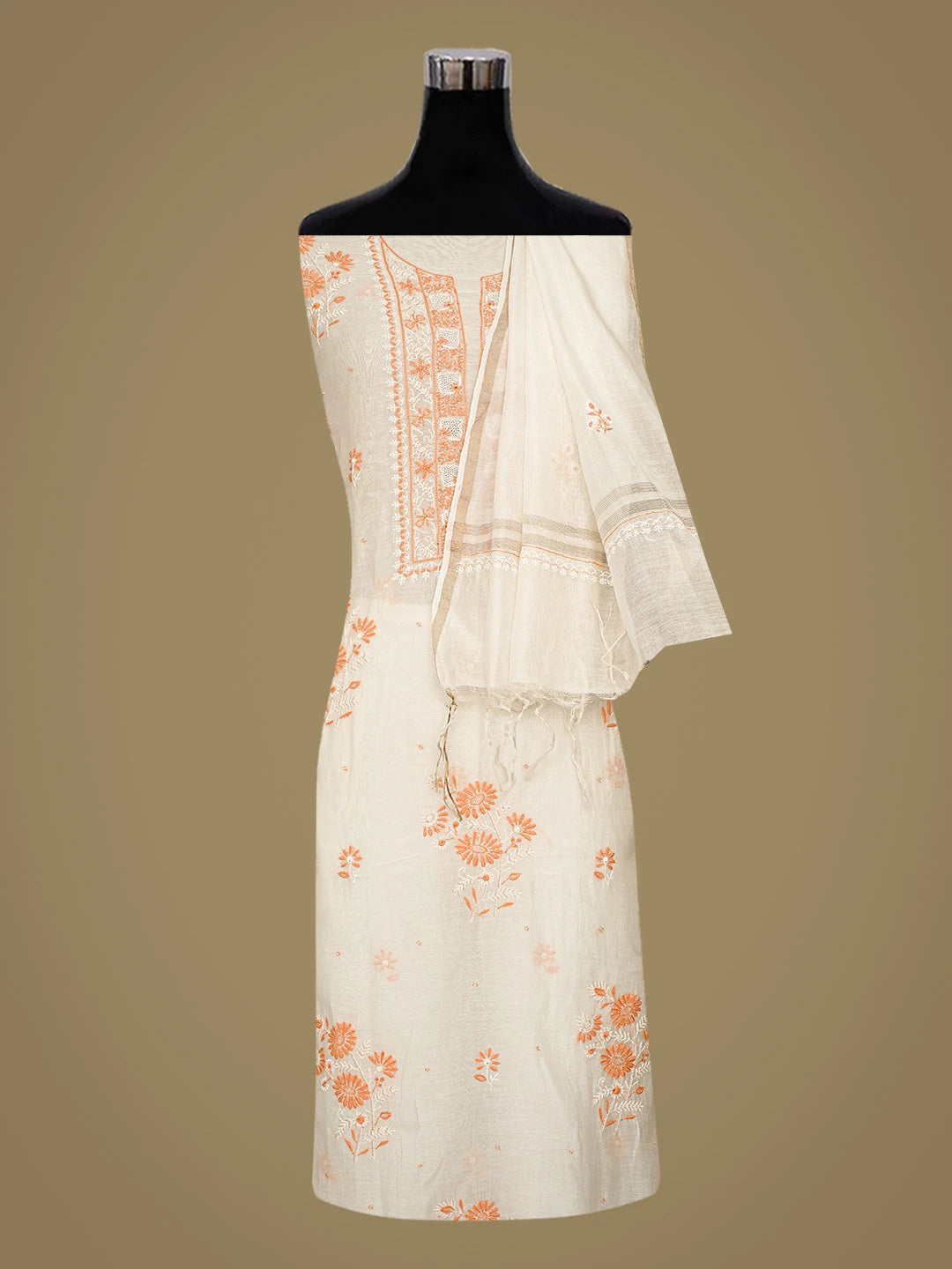 Ada Hand Embroidered White Chanderi Lucknowi Chikankari Unstitched Kurta Dupatta Set With Cutdana Work 01A326070