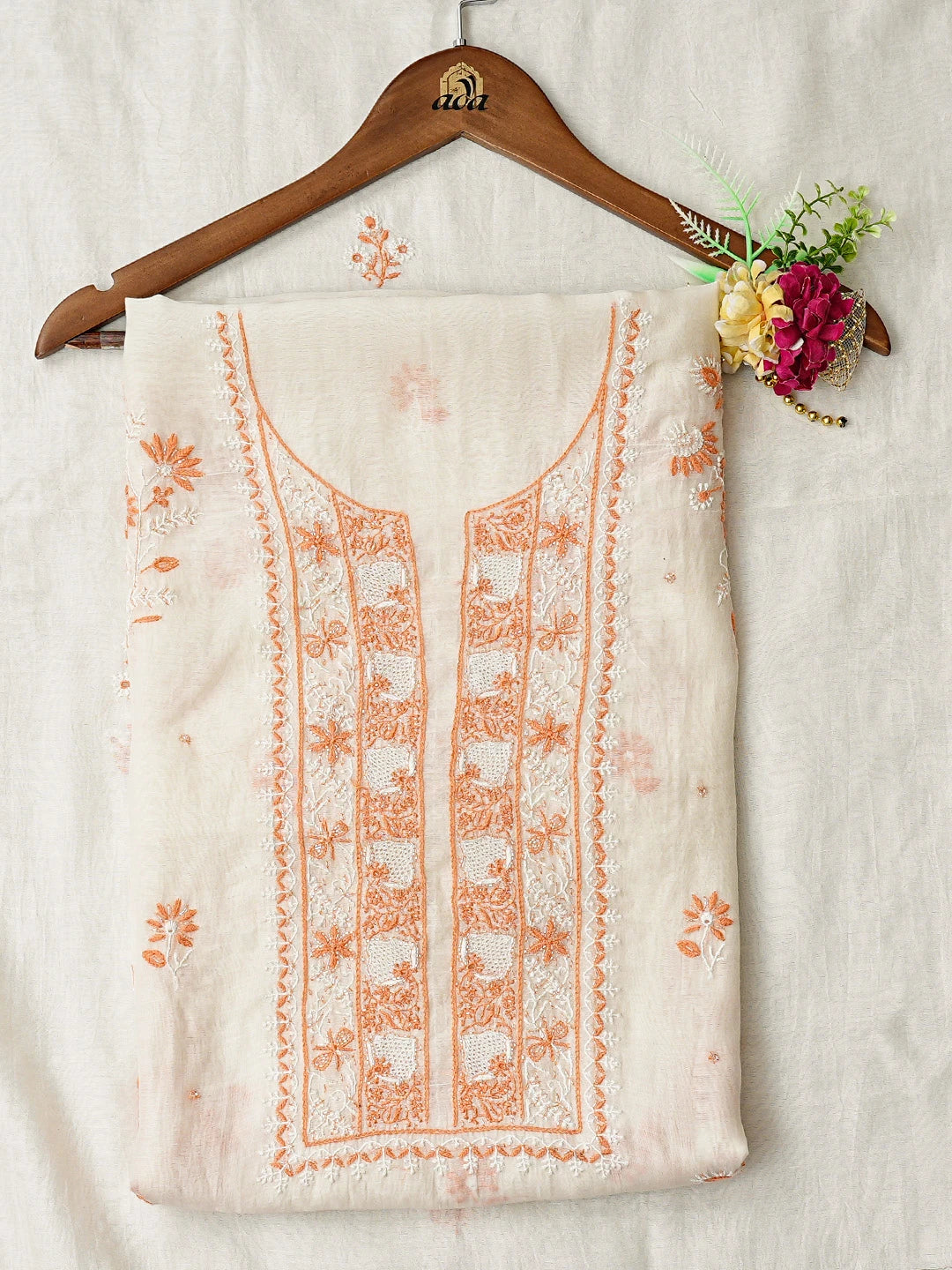 Ada Hand Embroidered White Chanderi Lucknowi Chikankari Unstitched Kurta Dupatta Set With Cutdana Work 01A326070