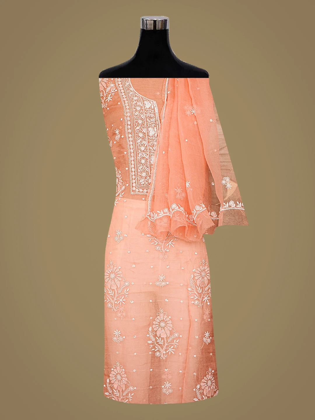 Ada Hand Embroidered Orange Organza Lucknowi Chikankari Unstitched Kurta Dupatta Set With Pearl Work 01A856608