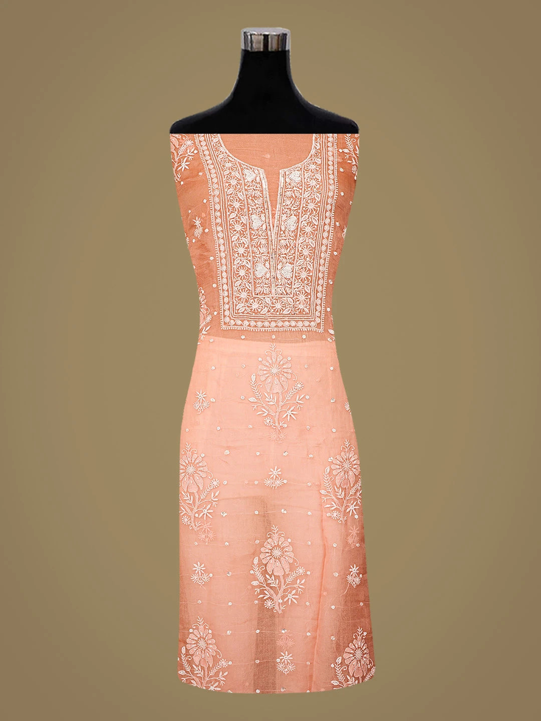 Ada Hand Embroidered Orange Organza Lucknowi Chikankari Unstitched Kurta Dupatta Set With Pearl Work 01A856608