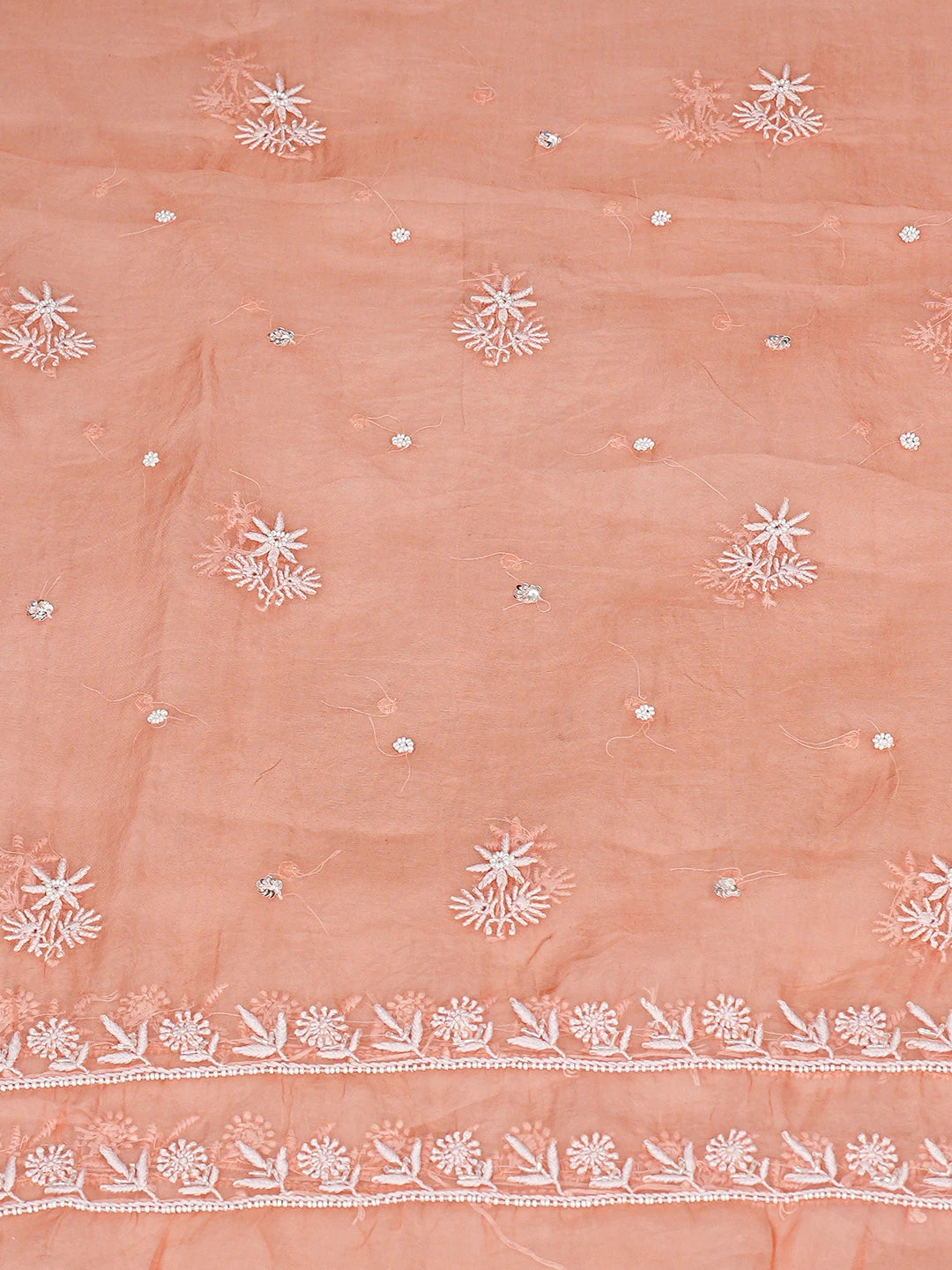 Ada Hand Embroidered Orange Organza Lucknowi Chikankari Unstitched Kurta Dupatta Set With Pearl Work 01A856608