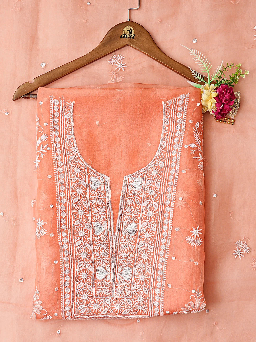 Ada Hand Embroidered Orange Organza Lucknowi Chikankari Unstitched Kurta Dupatta Set With Pearl Work 01A856608