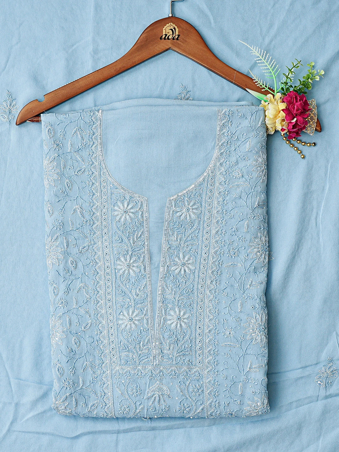 Ada Hand Embroidered Blue Viscose Georgette Lucknowi Chikankari Unstitched Kurta Dupatta Set With Sequinned Work 01A754678