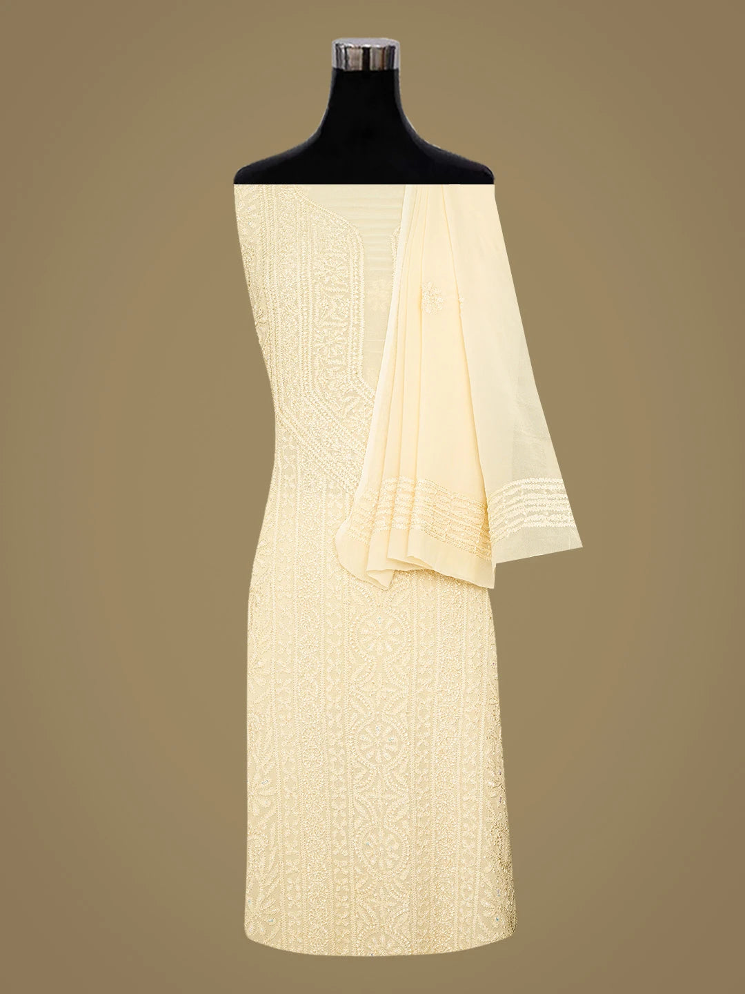 Ada Hand Embroidered Beige Viscose Georgette Lucknowi Chikankari Unstitched Kurta Dupatta Set With Cutdana Work A511687